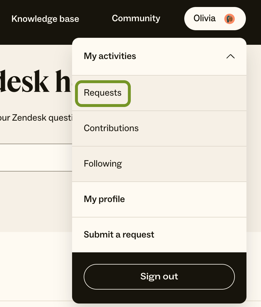 Página de solicitações na central de ajuda do Zendesk.png